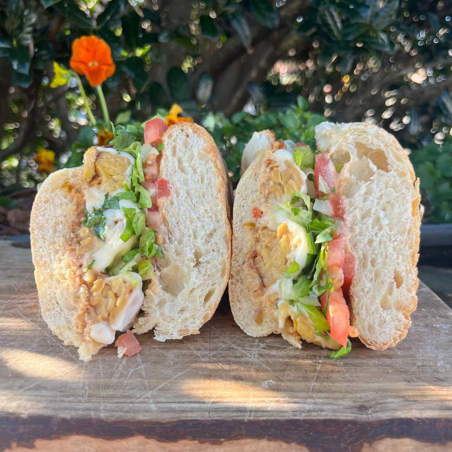 Todays special is &ldquo;The Red Scare&rdquo; by it&rsquo;s marinated tempeh, mozzarella, tomato, shredded lettuce, cherry pepper relish, and Russian dressing in a toasted sub roll.
The soups of the moment are Eggplant Parmesan or Chicken Jalape&ntil