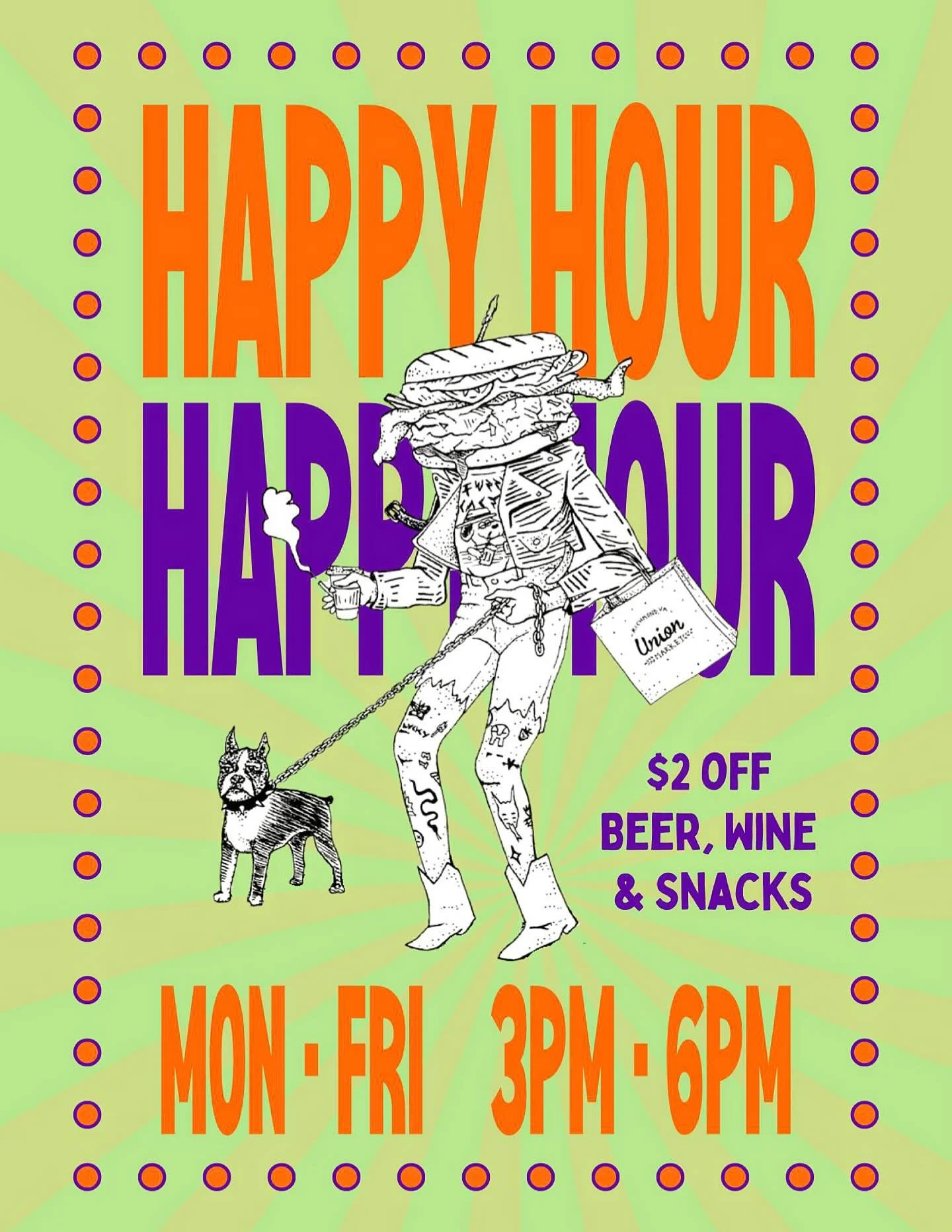 HAPPY HOUR!! Get $2 off draft beer, glasses of wine, and our selection of snacks from the kitchen. Monday through Friday 3pm - 6pm.