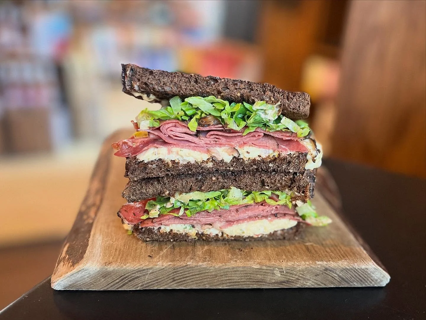 Moving on to a new weekly special today. It&rsquo;s the Going Paperless with pastrami, house made pimento cheese, cherry pepper relish, shredded lettuce, and Russian dressing on toasted pumpernickel bread. The soups right now are White Bean and Ham o
