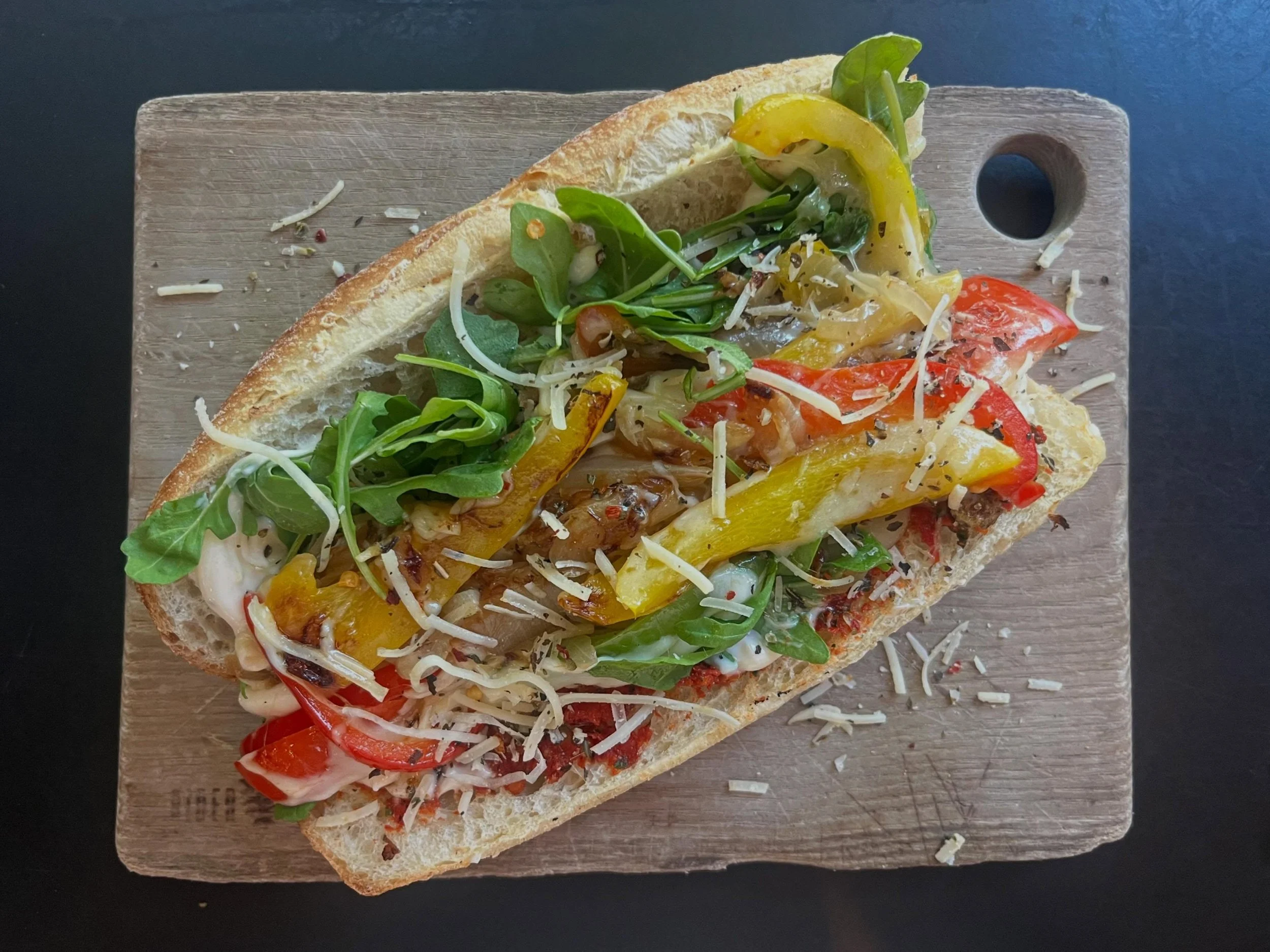 Today&rsquo;s Meatless Monday special is the Cheesy Subby with melted mozzarella, provolone, herbed Parmesan, saut&eacute;ed peppers and onions, arugula, sun dried tomato relish, and garlic @dukes_mayonnaise on a toasted sub roll. The soups of the mo