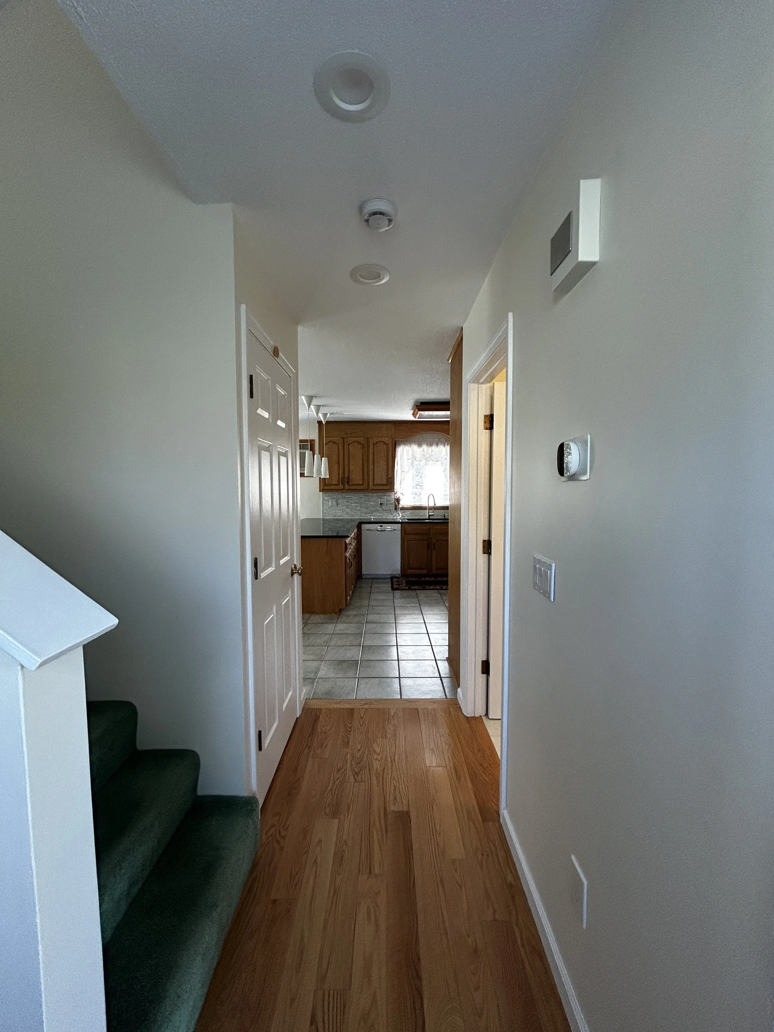 Entryway looking towards kitchen. First floor half bathroom on right and basement door on the left.
