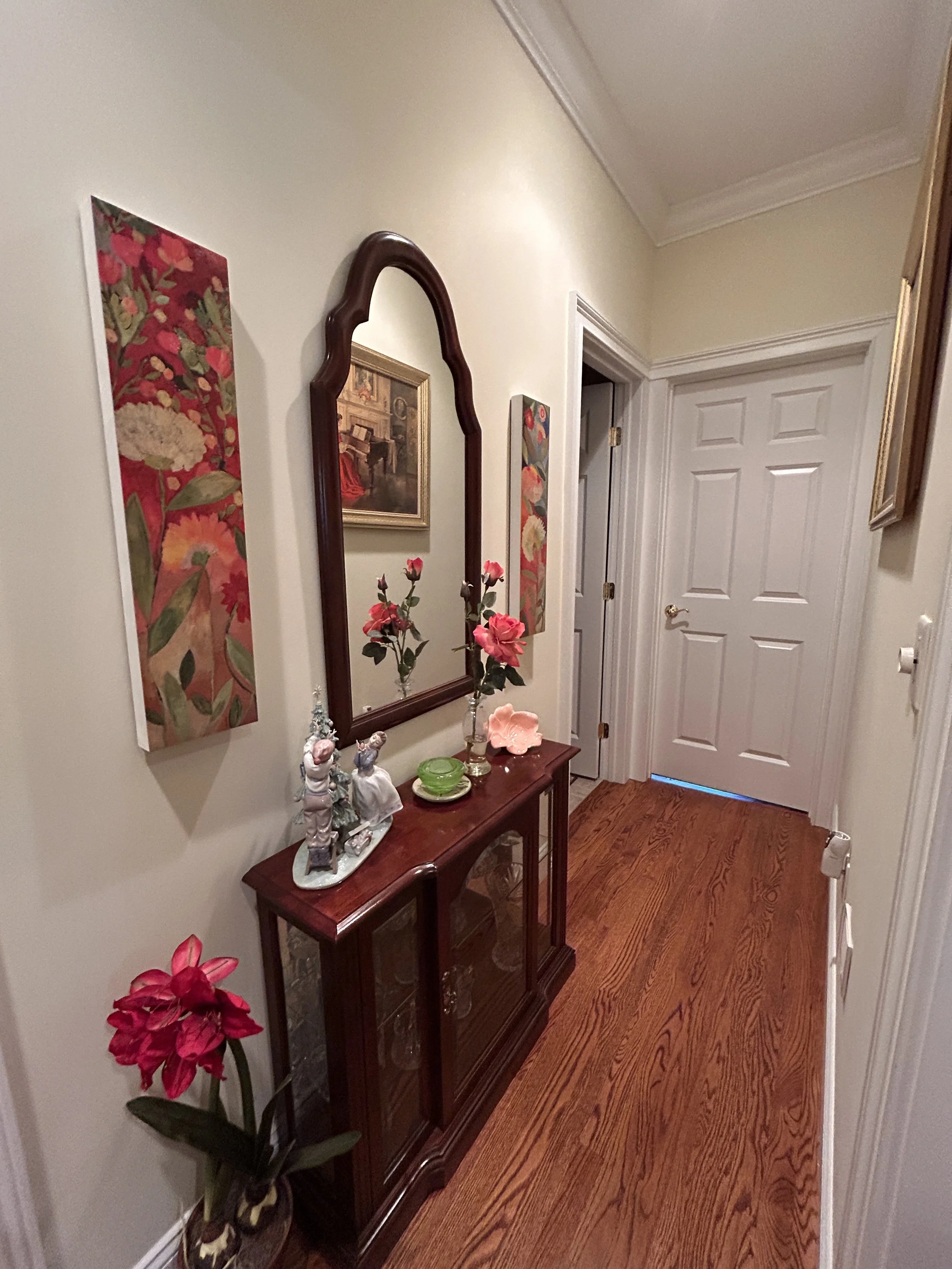 First floor hallway connecting living room to laundry room, half bathroom, and second downstairs bedroom