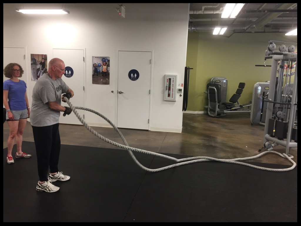 Rachel observes as Leo works out with the rope