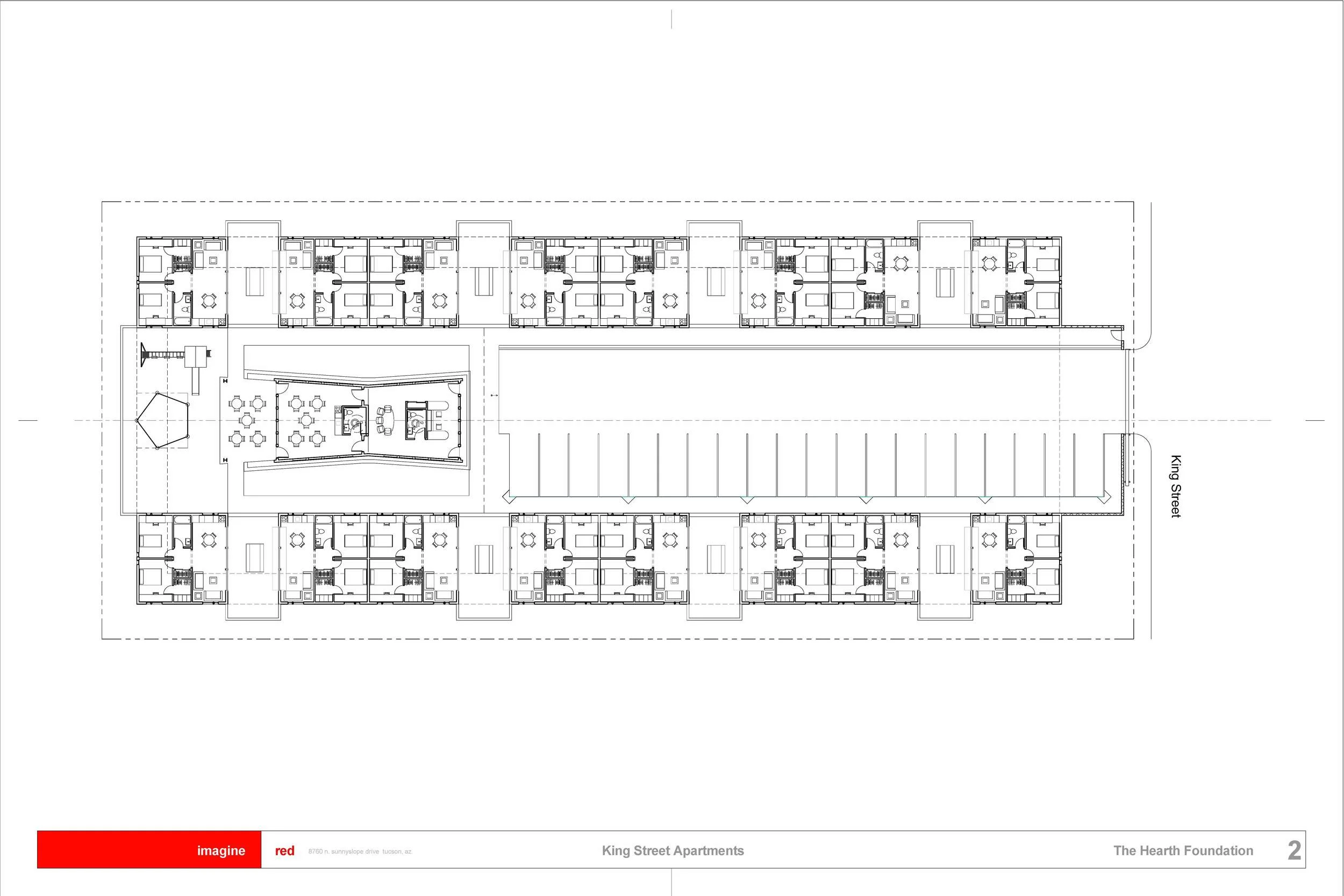 The Hearth Foundation Housing for Homeless Women with Children Tucson, Arizona On the site of some worn out apartments, the philanthropic organization proposes to construct a new community for women in need, invited to stay for a year as they rebuild their lives. 16 new two bedroom apartments are envisioned, arranged in pairs around small shady courtyards. In this way, residents are encouraged to socialize and cooperate together to take responsibility for the security and maintenance of the site. Central to the collective is a new community building and playground, with an administrative office monitoring the entrance to the site and function room for meetings and social activities. Here again, the venue is designed to invite residents to socialize and cooperate, while giving the children safe, monitored space to play. Architect: Roel Krabbendam Firm of Record: Imagine RED LLC