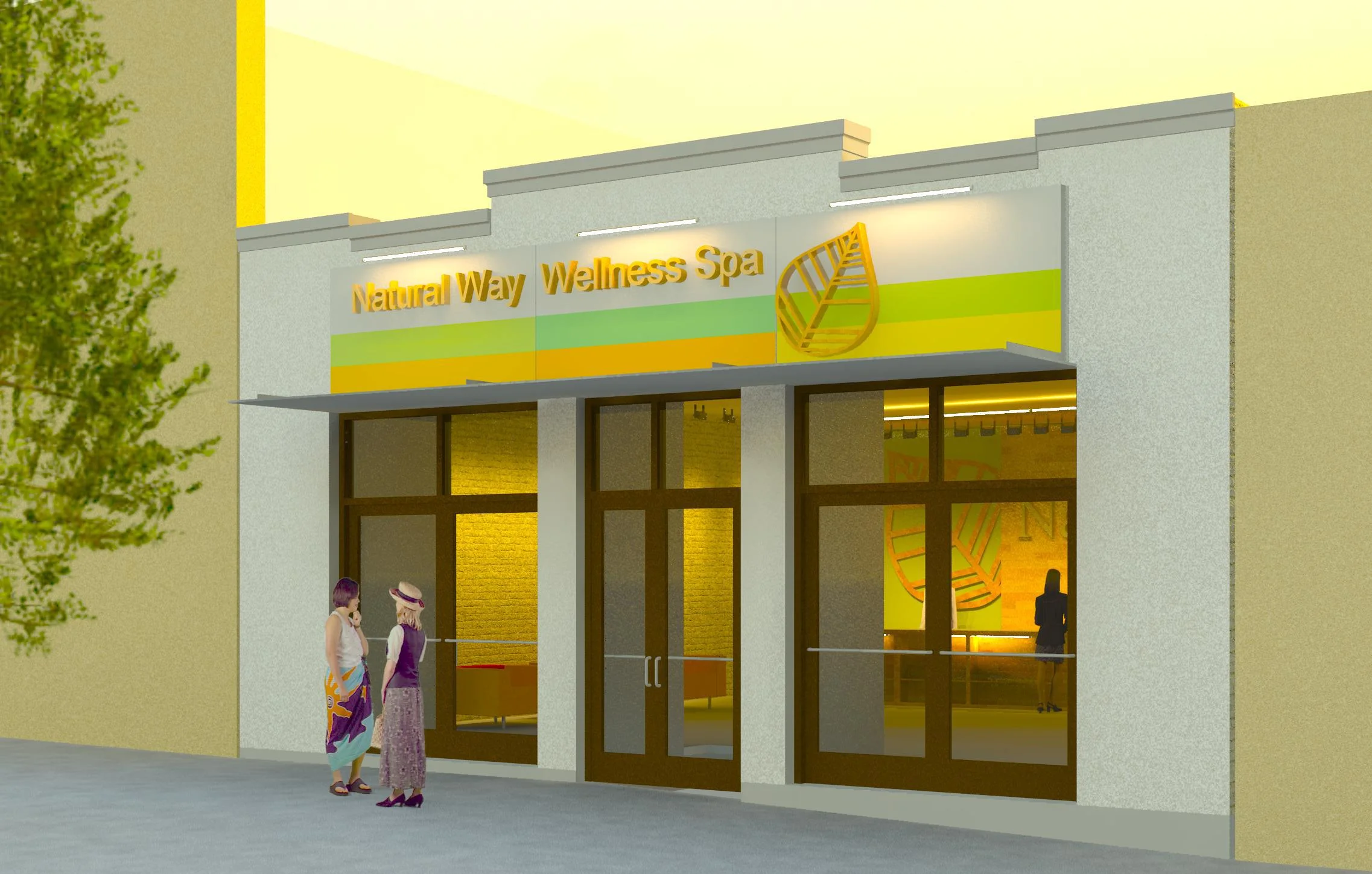 Natural Way Wellness Spa Tucson, Arizona 4,500sf 2012 View from Street The spa moves onto popular 4th Avenue from a nearby side street, increasing both in size and in offerings. We welcome clients with a large sign and canopy, open up the facade to freely welcome walk-ins from the sidewalk, and remove most of the interior. Private treatment rooms occupy the middle of the long structure, with office, lounge and wet facilities to the rear. Architect: Roel Krabbendam Firm of Record: Imagine RED LLC
