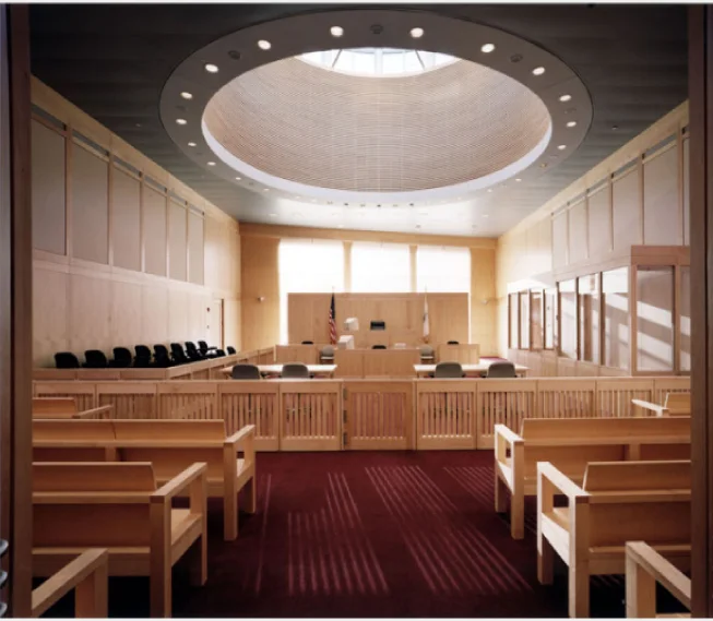 Fenton Judicial Center Lawrence, Massachusetts Interior Design: Polly Dithmer Office of Record: Leers Weinzapfel Associates This 10 courtroom facility required extraordinary programming to meet the exacting requirements of each individual judge, as well as the requirements of a civic structure of tremendous importance to the urban renewal of the city. The generous use of maple furniture and finishes insured durability, as well as a lighter and more contemporary atmosphere than is common in many courthouses.