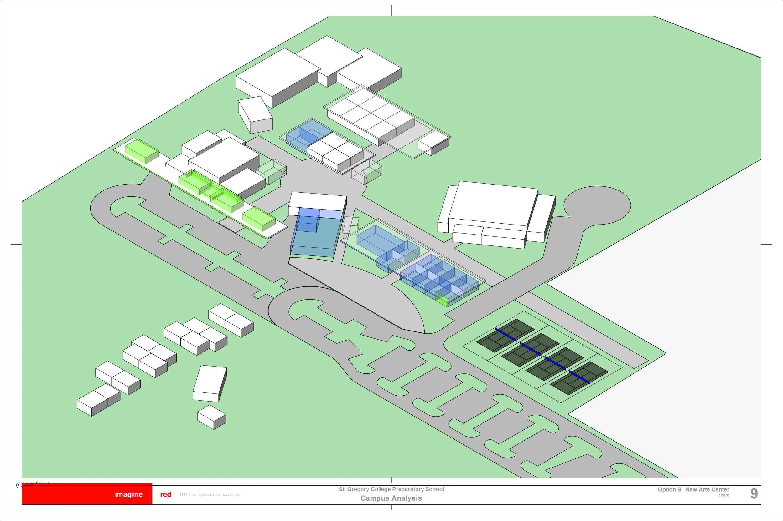 St. Gregory College Preparatory School Tucson, Arizona Architect: Roel Krabbendam, Imagine RED This investigation of the St. Gregory campus identified areas of disfunction, areas requiring maintenance, and areas suitable for reconfiguration, positing strategies for future expansion. A number of different scenarios were modelled and analyzed to understand how they responded to the opportunities and constraints as well as their potential impact on the operation of the school.