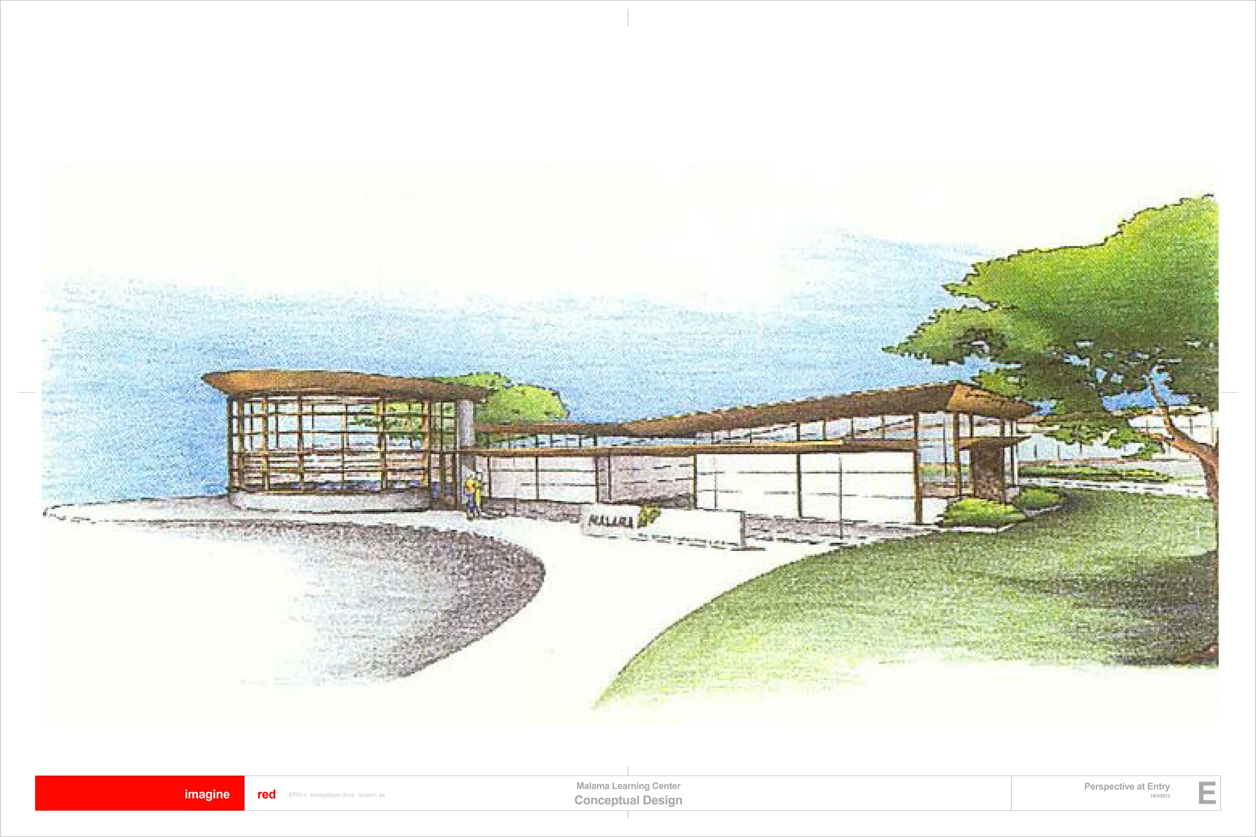 Malama Learning Center Kapolei High School Kapolei, Hawai'i 2003 Architect: Roel Krabbendam, Imagine RED Learning from our residential work in Hawai'i, this competition entry for a conservation learning center and performing arts facility on the island of Oahu responded to the tropical climate by pulling apart the program into thin building slivers that could be opened to the breeze to maximize ventilation. Other strategies include lifting buildings off the ground, collecting rainwater for cooling and irrigation and maximizing exterior circulation. Separating the building into thin slivers had the added benefit of defining gardens between structures, outdoor classrooms, fully integrating the conservation program with that of the performing arts.