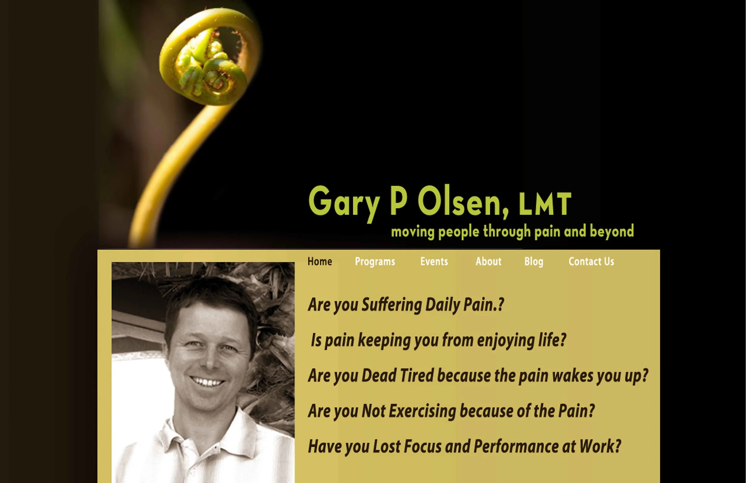We prepared two versions of Gary's website on this theme of an unfurling fern, reacting subtly to the different images for color and layout. We adopted a clear sans serif typeface for both options that spoke both to Gary's personality and the directness of his therapeutic approach, and we featured his portrait prominently because he deals directly with all of his clients, and because it presented so well. The importance of an excellent professional portrait cannot be understated, We rarely find clients with the skills to take their own picture, and highly recommend that our clients seek professional assistance. Background, color, expression, exposure and composition are very difficult to control unless you've had plenty of practice! Client: Gary Olsen Program: kick | start Deliverables: Website, 2 options