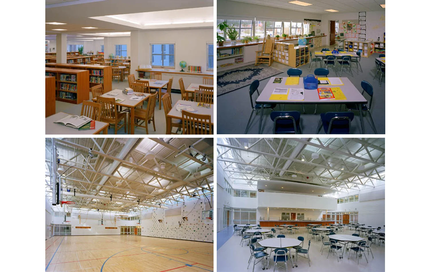 New Twin Elementary School Acton, Massachusetts 150,000sf Project Manager: Roel Krabbendam Interior Designer: Polly Dithmer Office of Record: The Office of Michael Rosenfeld, Inc. Clockwise from top left: Library, Kindergarten Classroom, Cafetorium, Gymnasium. With two aging elementary schools requiring simultaneous renovation, the Town of Acton sought cost effective strategies that would minimize disruption to the educational system. The proposal for a new “twin” school sharing cafetorium, library and gymnasium utilized existing school campus land, minimized cost, solved phasing and disruption concerns and required no programmatic compromises. Classrooms and administrative functions are clustered around the shared functions for a compact footprint, and the school is divided into 2 wings expressive of the 2 schools within. Cognizant of the relationship between daylight and school performance, every space in the building receives natural daylight. The result is in an uncommonly bright environment. Voter approval was immediate, the $15M, 150,000gsf facility was constructed in 20 months, and the building opened in 2000.
