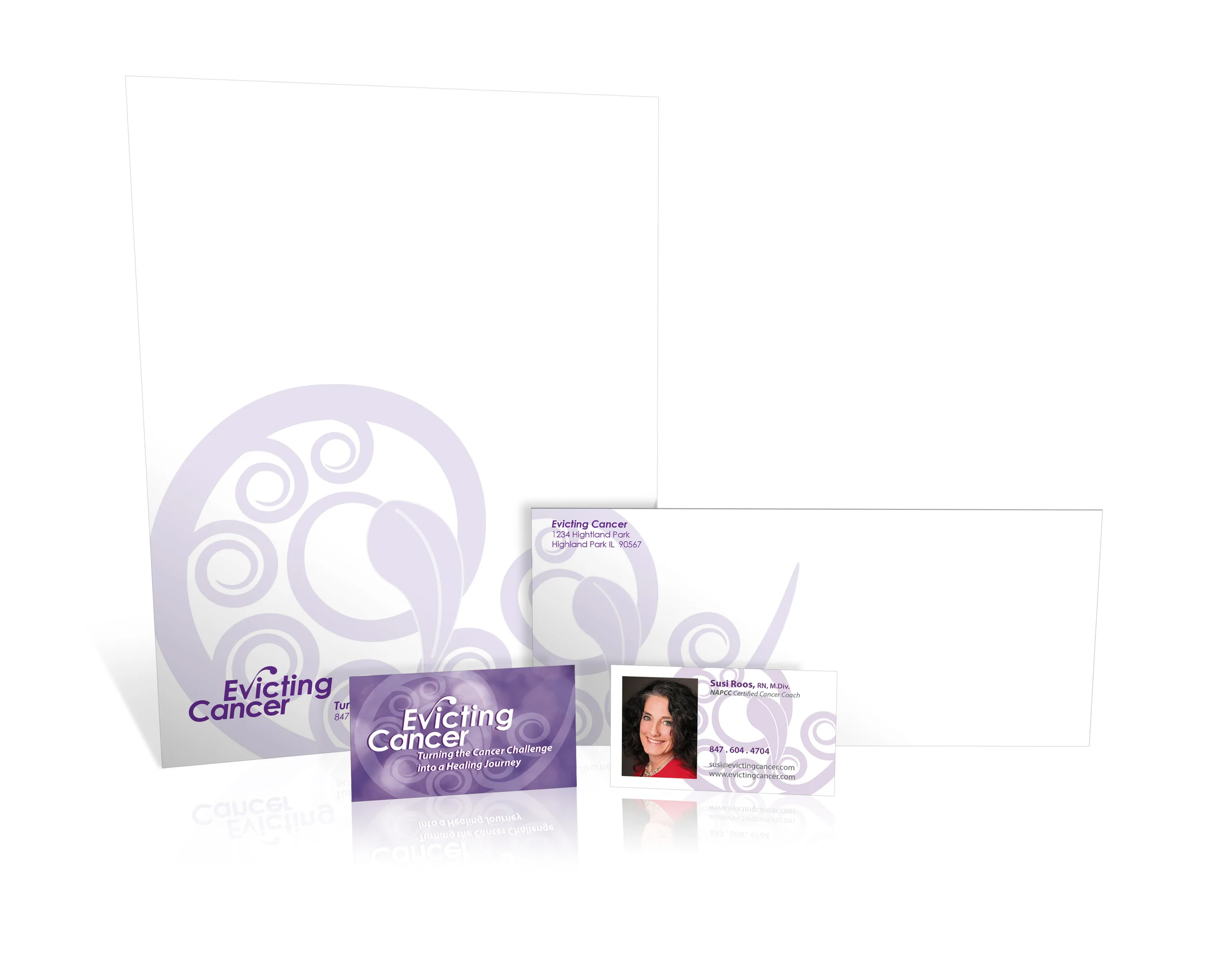Susi Roos brings years of medical experience to the issue of cancer recovery. The Visual Voice interviews highlighted her concern that she not appear clinical, and that we focus on growth and transformation. The image of a stalk sending out shoots suggested the many avenues cancer survivors explore in achieving their goals, and this became the focus of our design efforts. Juxtaposing it with rich photography from nature reinforced her focus on growth and life. Client: Susi Roos Program: visual | voice Deliverables: Logo, Business Card, Pamphlet, Letterhead, Website, Miscellaneous Collateral