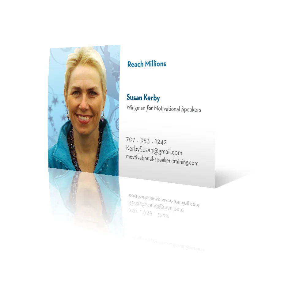 “Polly, thank you so much for bringing your heart and talent to my business. I was desperate and just wanted a business card to launch myself at an event. Polly took me by the hand and had me answer a list of very insightful questions to ensure we were not just throwing something together (as I was willing to settle for) but that we were designing my future and my client’s futures – creating a vision that got expressed visually on my business card. It was a very powerful process that left me with clarity re: who I am and what is my message. I have gotten very positive feedback and very positive results. Within 24 hours of receiving my new business cards, I signed an important client. Thanks, Polly, for helping me create an authentic and impressionable first impression.” Client: Susan Kerby, Reach Millions Program: kick | start Deliverables: Logo, Business Cards
