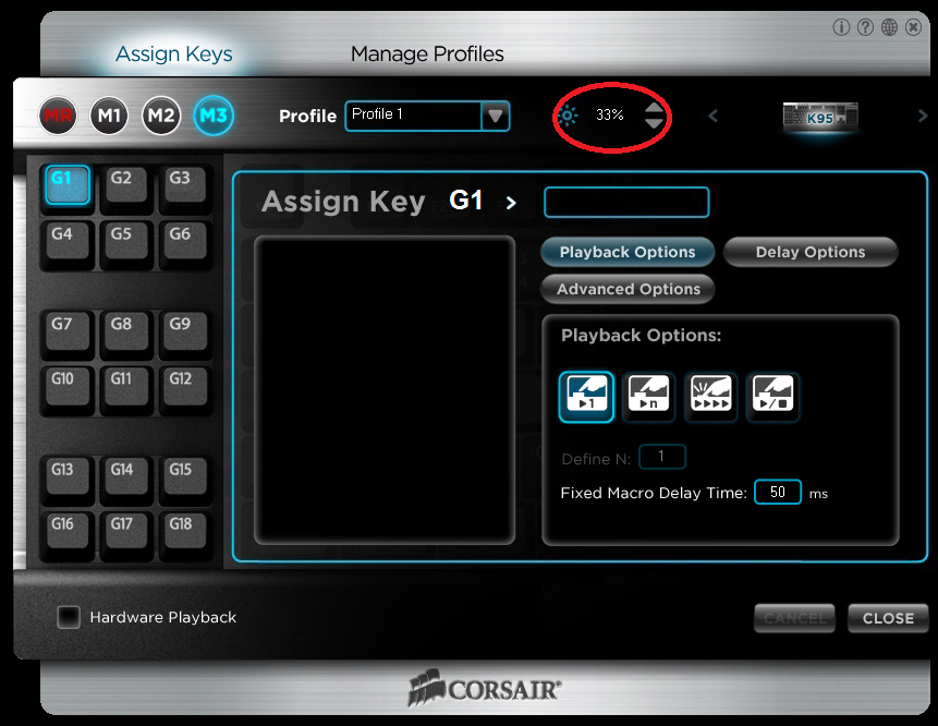 Bundled software: Corsair provides backlight brightness adjustment controls here, but it doesn't do anything that the button on the keyboard can't already do.