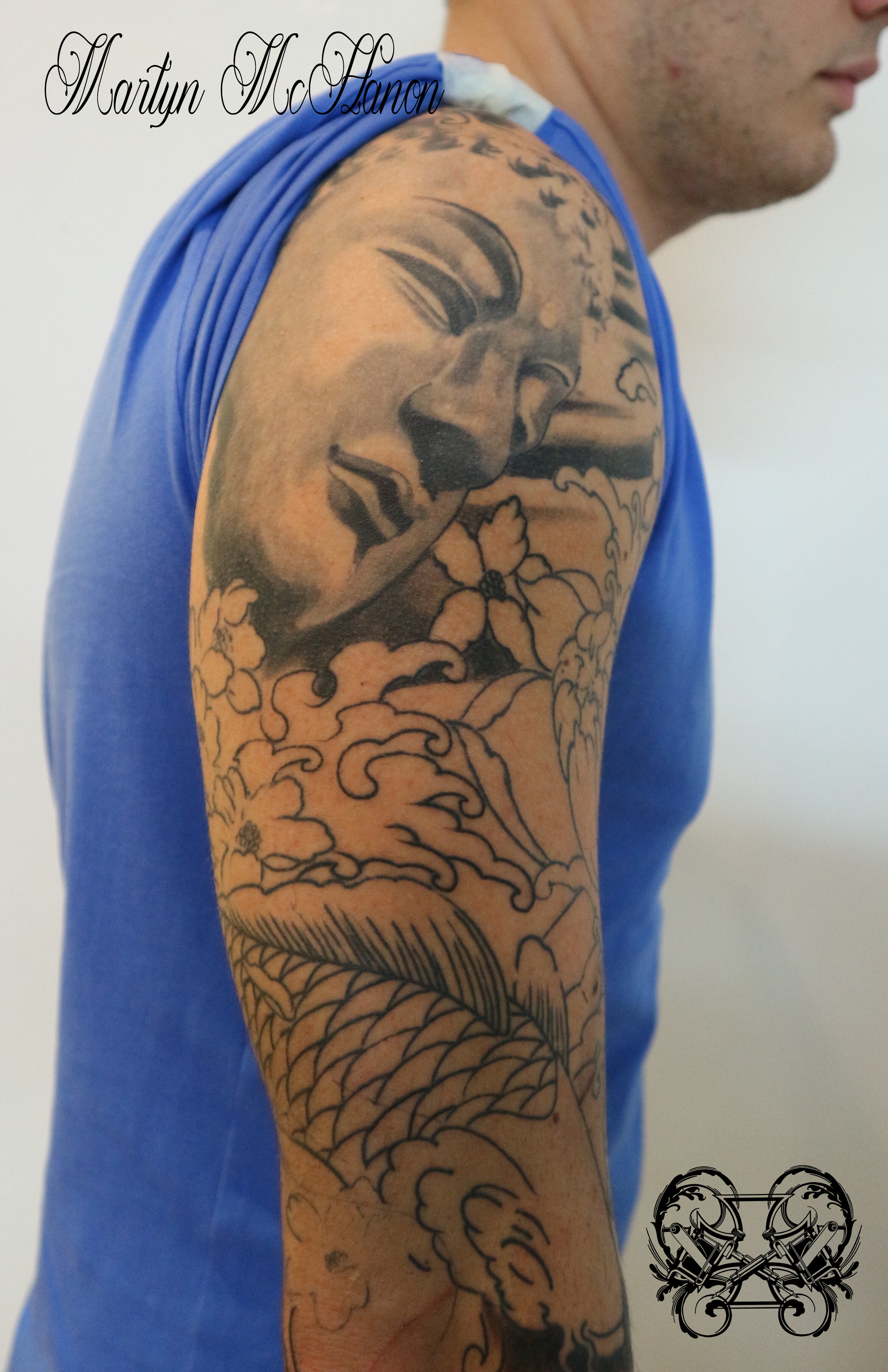 Martyn buddha and koi sleeve WIP upper arm.jpg