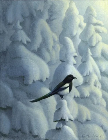 Magpie, Acrylic on Panel, 11 x 14 inches