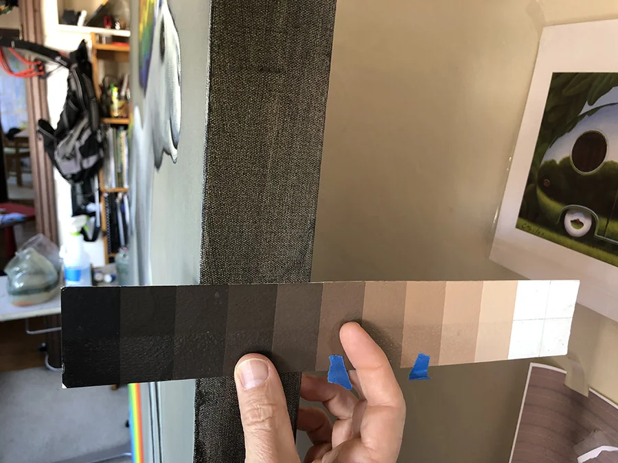 I had painted the transparency around the sides of my gallery wrap canvas. I’m leaving the sides transparent because I like how it looks. You can see if values were divided, with black being 0, and white being 10, this would be about a value 3. I had intended the background to be a sky and a value 3 was too dark for the sky to look luminous, at least not for me for this painting.