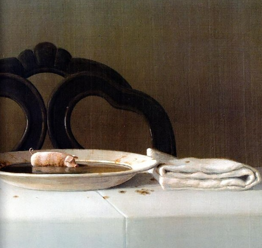 In this painting contemporary German artist Michael Sowa uses traditional pre impressionist technique including transparent underpainting. The brown transparent background was painted 1st and is the same underpainting as seen in the soup. This adds unity to the painting and makes it more beautiful, and in this case works nicely to create the effect of a wet reflective surface, since the soup is reflecting the background wall.