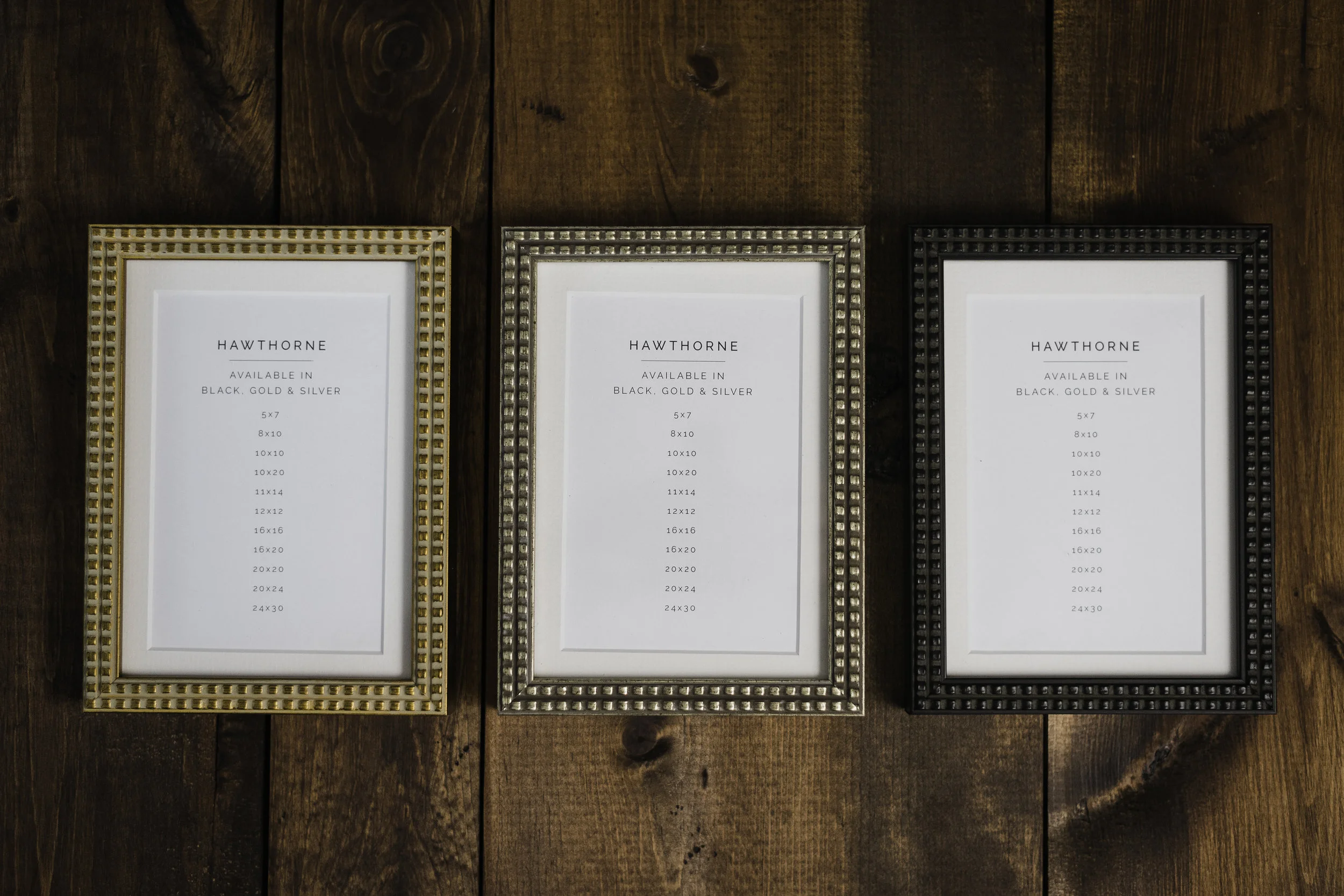 Gold, Black and Silver finish options of the Hawthorne frame collection for 2018 wedding collections with Sisi Connor Photography