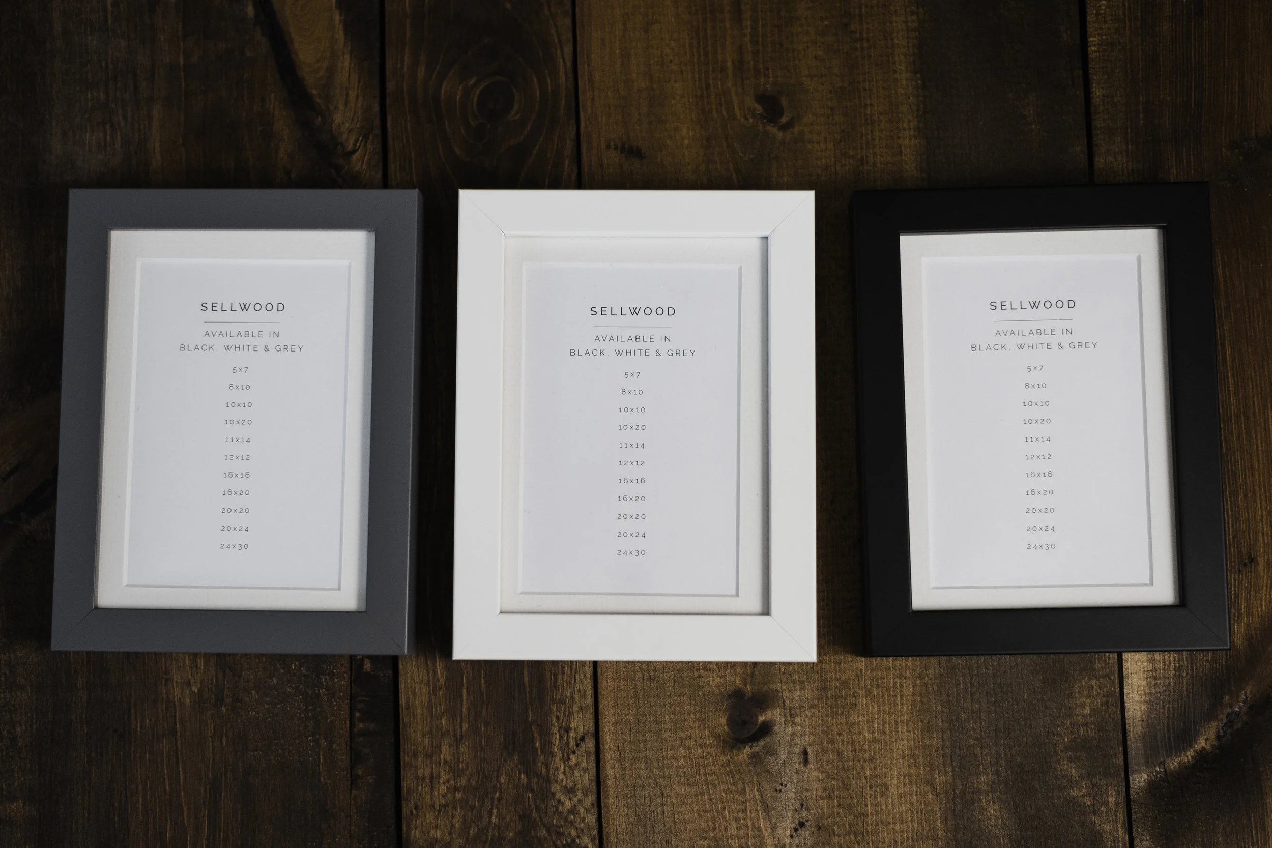 The three Sellwood finish options for Sisi Connor Photography wedding collections - Teal, white and black.