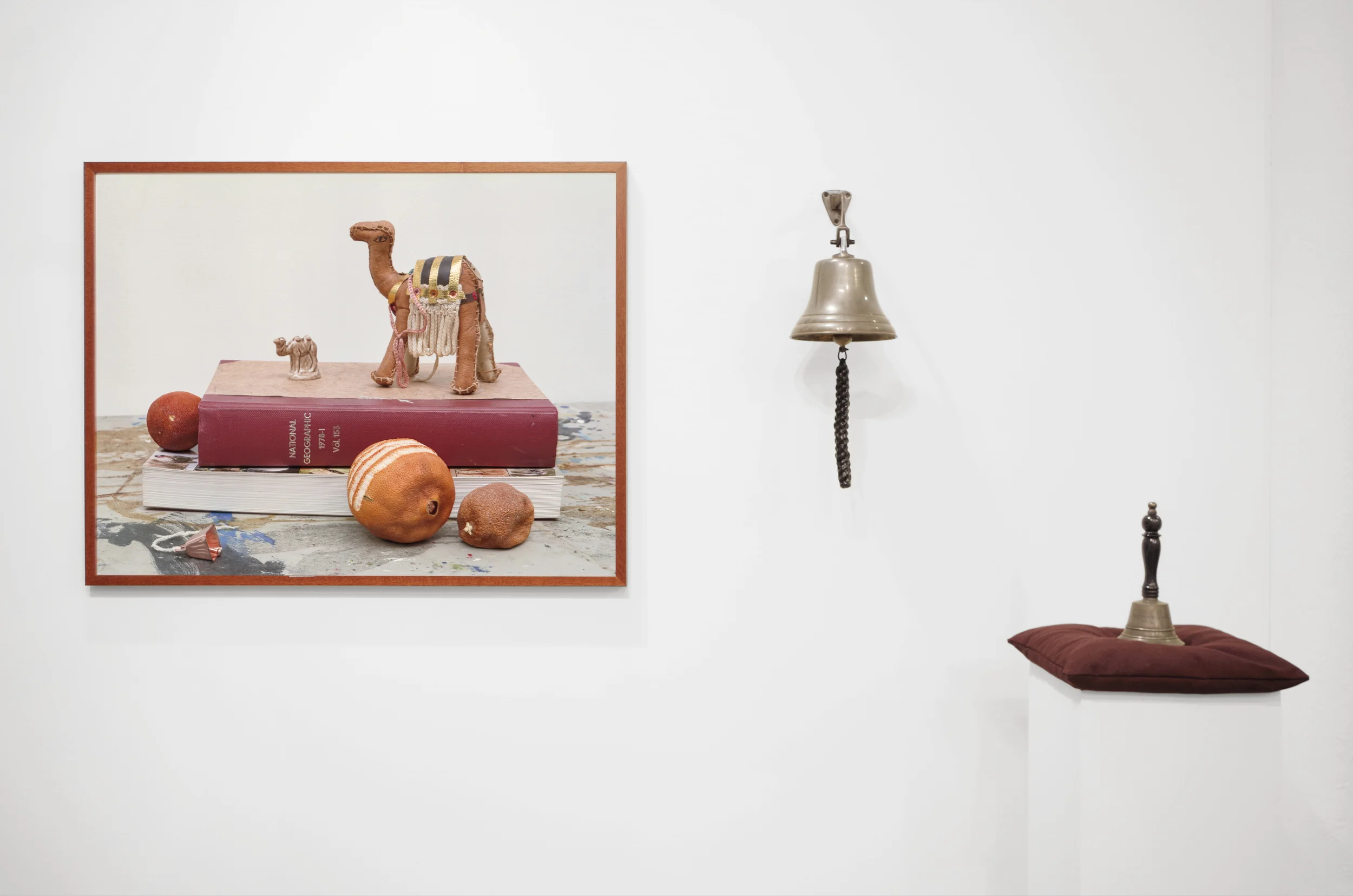 LEFT Diorama, C print. 18 x 24 in, ed. 3, 2016 RIGHT Oh Noble Heart, Bethink Your End , Brass bells with custom engraving, buckwheat, cotton, plinth, rope, 2016