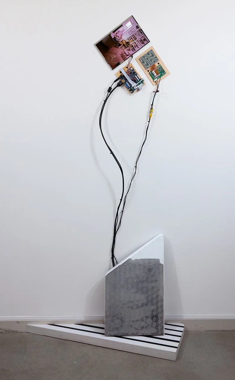 Alms for the Middle Class , Animation on monitors, acrylic, plexi on panel, 65"h x 32"w x 12"d, 2016