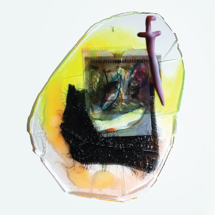  Hidden Comfort, 2016-17. Fabric, dyed cast epoxy, drawing,&nbsp; transparency, synthetic polymer 18 x 24 in 