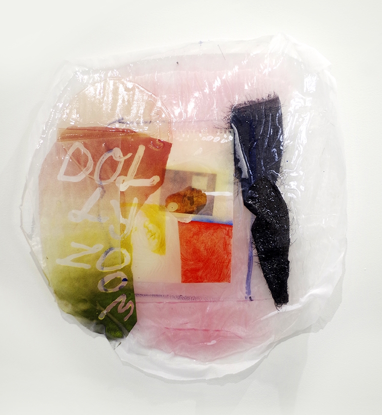  Dolly Zoom, 2016-17. Fabric, dyed cast epoxy, drawing, postcard, spray paint 27 x 27 in 