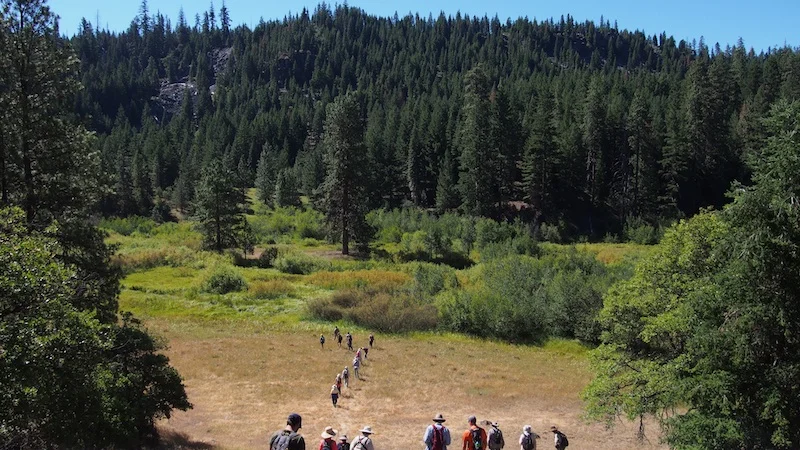 The group follows Michael Parker down into Fredenburg Meadow to search for a beaver dam. see the 3-MILLION YEAR OLD LAVA FLOW at the upper left. K Boehnlein photo