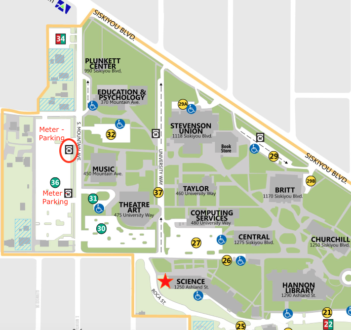 SOU Parking Map. Science Building and nearby parking lots.