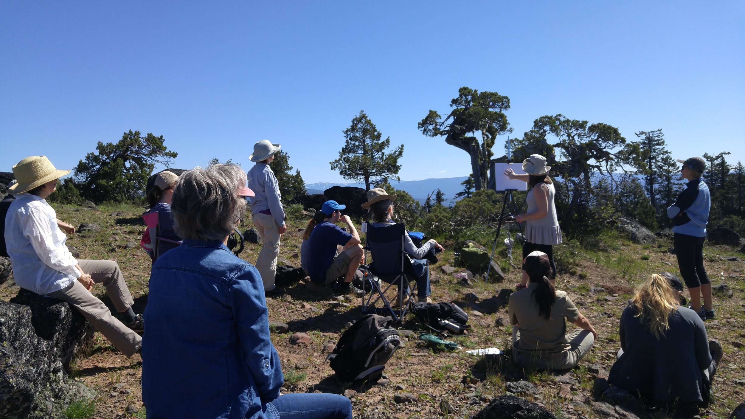Sketch group at work under clear blue skies.