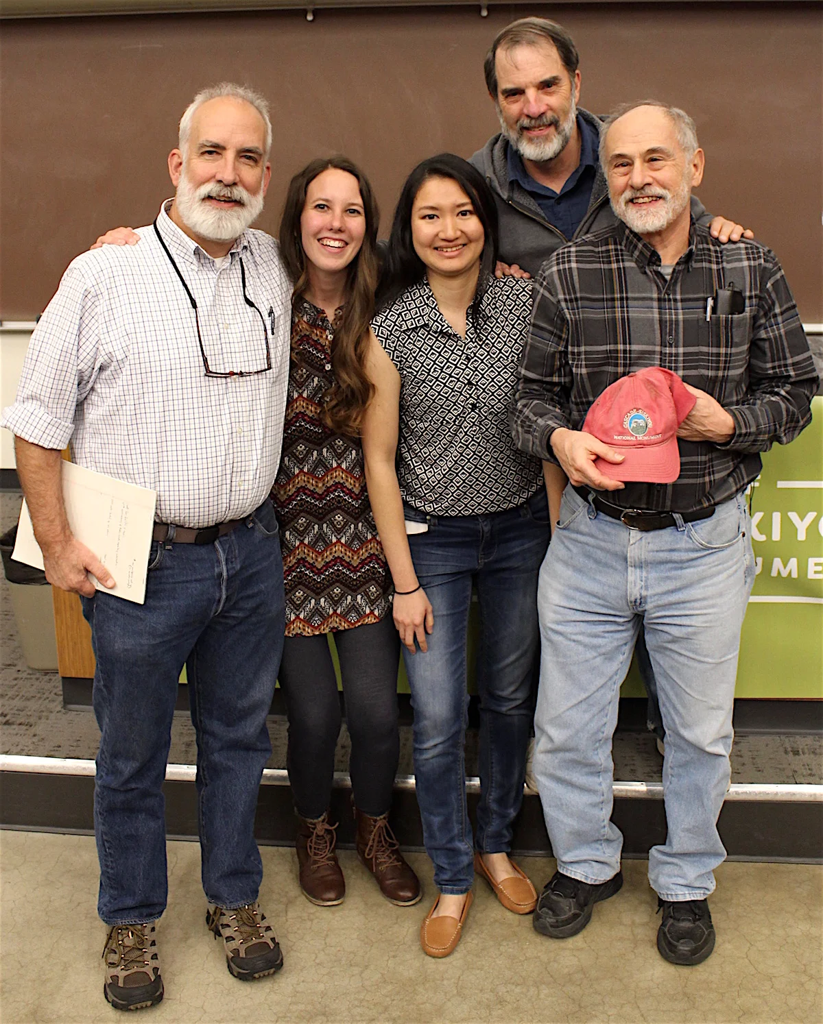 2018 Monument Research Symposium, (l-r): Dr. Michael Parker, SOU students Hope Braithwaite and Suphasiri Muttamara;KBO executive director John Alexander, and Dr. Jad D'Allura. Symposium sponsored by Friends of CSNM. Photo by Ellie Thompson