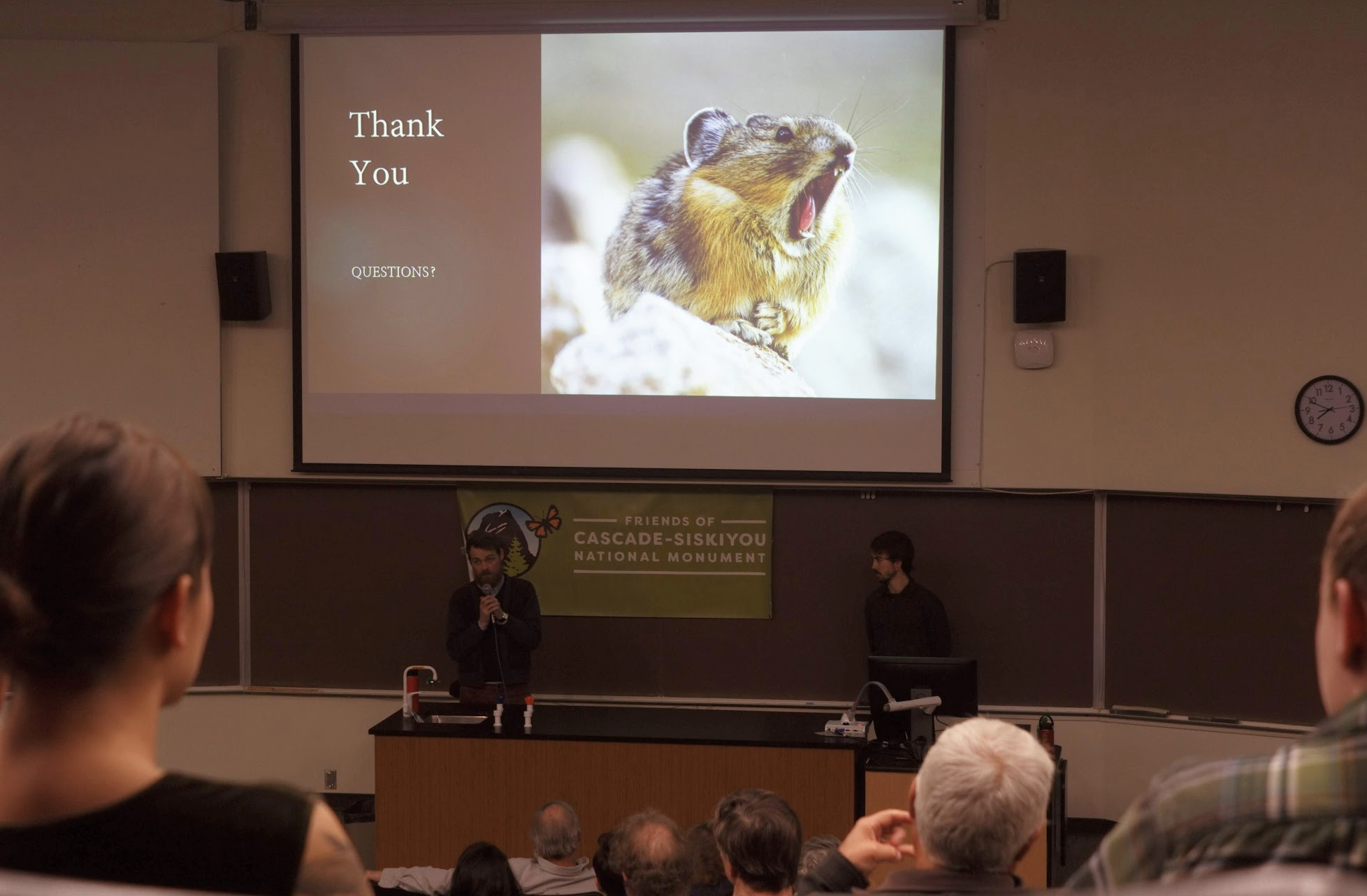  SOU students, Alec Bayarsky and Neil Clayton, discuss their research in American pika habitats in the Monument. 