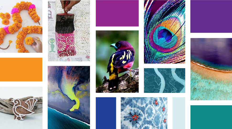 The concept moodboard explored the beauty of a bird's plume, geographical beauty of aerial photography and the intricacy of Indian craft techniques.