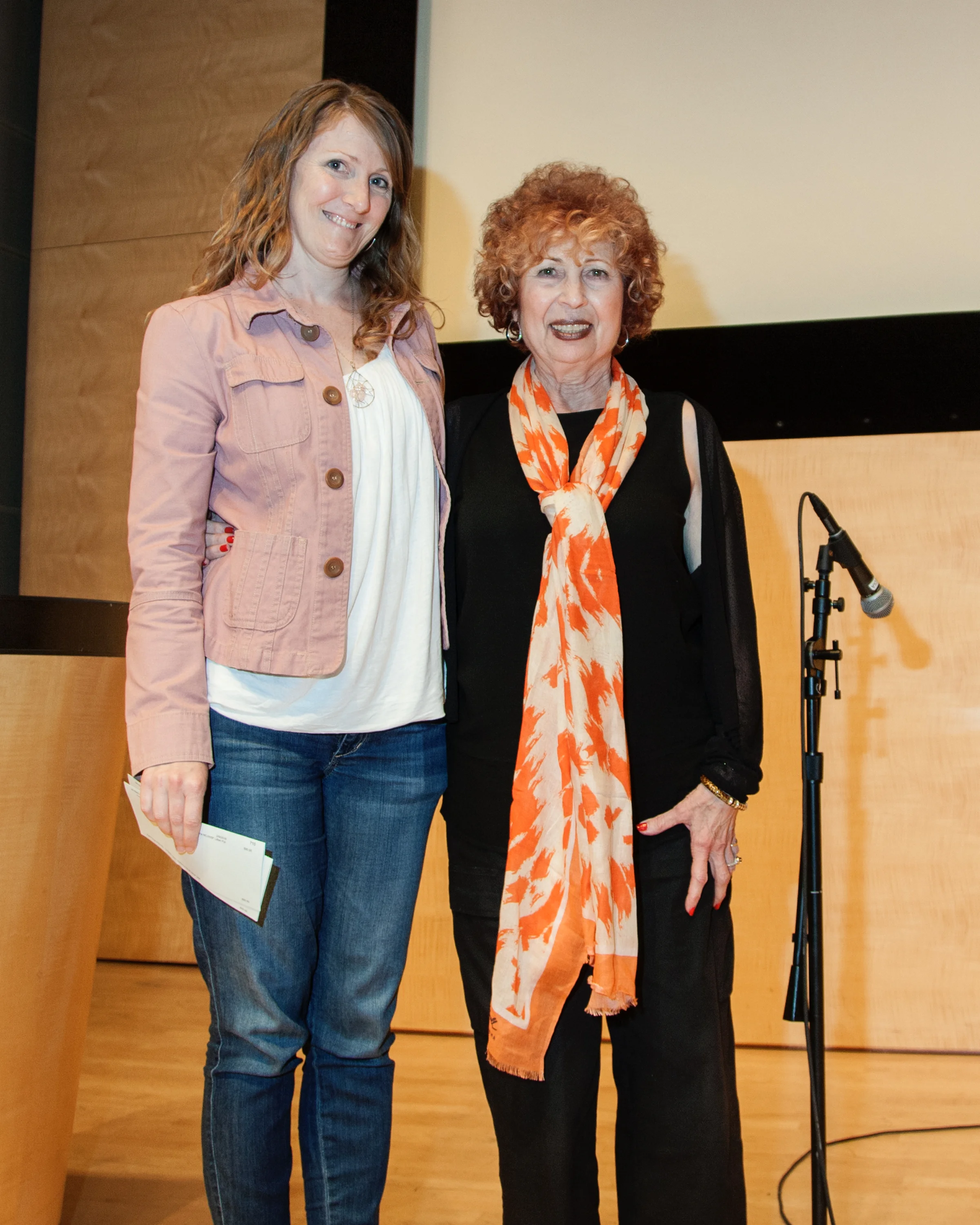 Robin Brasso (right), NCJW Policy Chair, presents the 2016 awards of the Lillian Foreman Memorial Scholarship to two youth clients of the Huckleberry Youth Program.