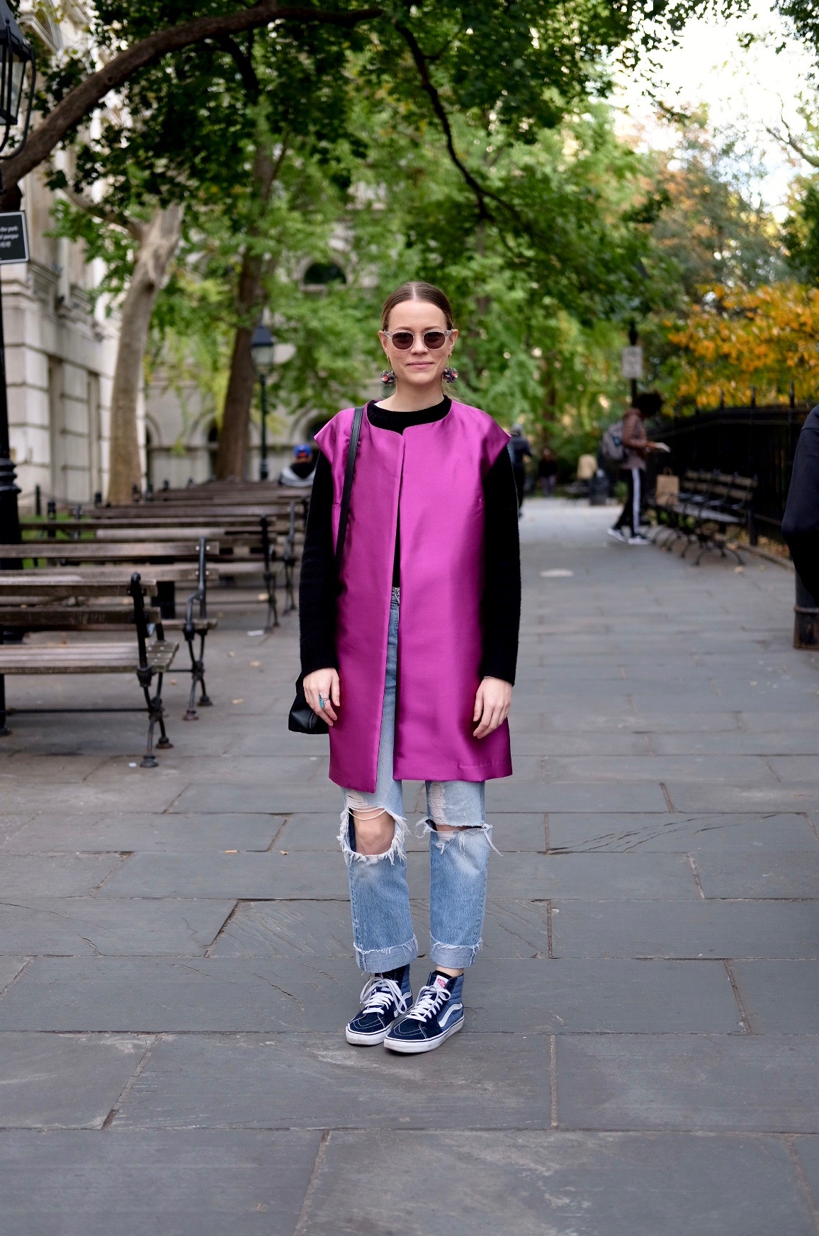 Downtown NYC. Silk wool vest, Mood Fabrics, J.Crew cashmere sweater , Levi's vintage jeans , Vans old school high-tops, Alexander Wang bag , Moscot sunglasses , J.Crew earrings .