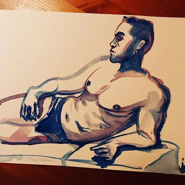 Thought I&rsquo;d post a better shot of my watercolor of @caliroosker from #drinkndraw the other night. Thanks for the great, artful poses! 💜🍻✍🏻✨