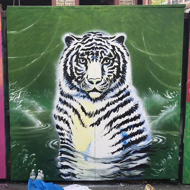 RAWWWR!!! ✨✍🏻🌴🐾 making more progress now that the sun is out! 🌞 #underhillwalls #whitetiger #jungle #endangeredspecies #urbanjungle @welcometothejungle #wildlife #art #publicart #streetart #brooklynnyc