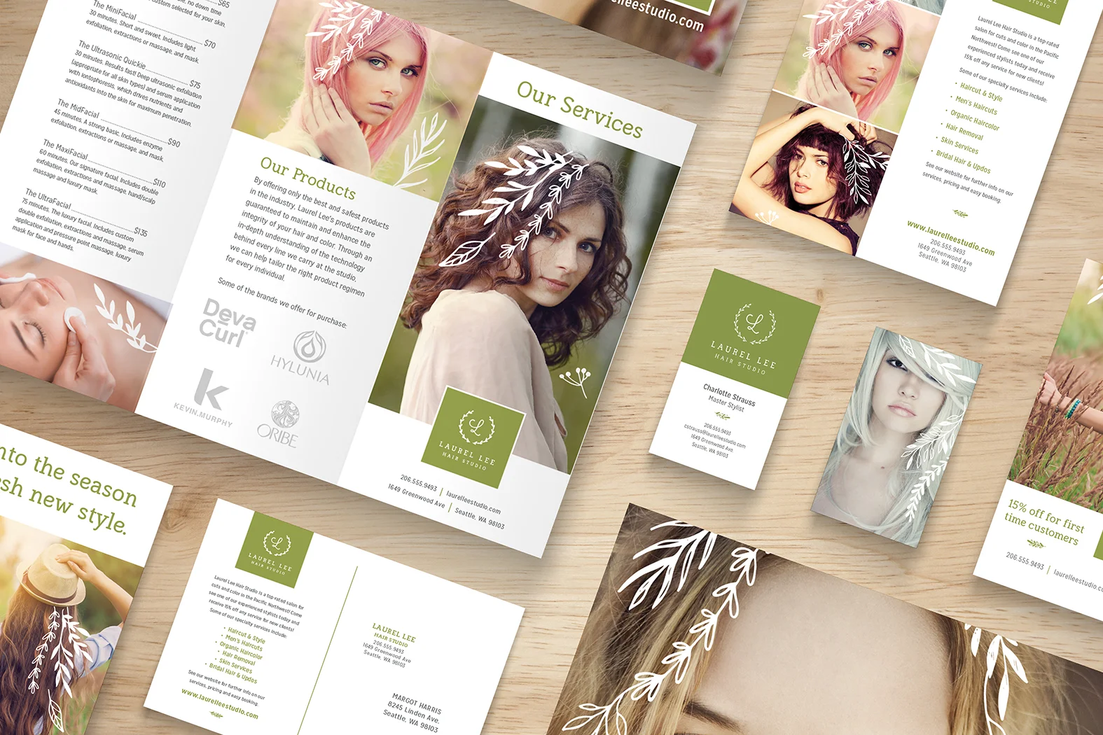 Laurel Lee Salon brand identity and marketing collateral developed for RPI product samples.