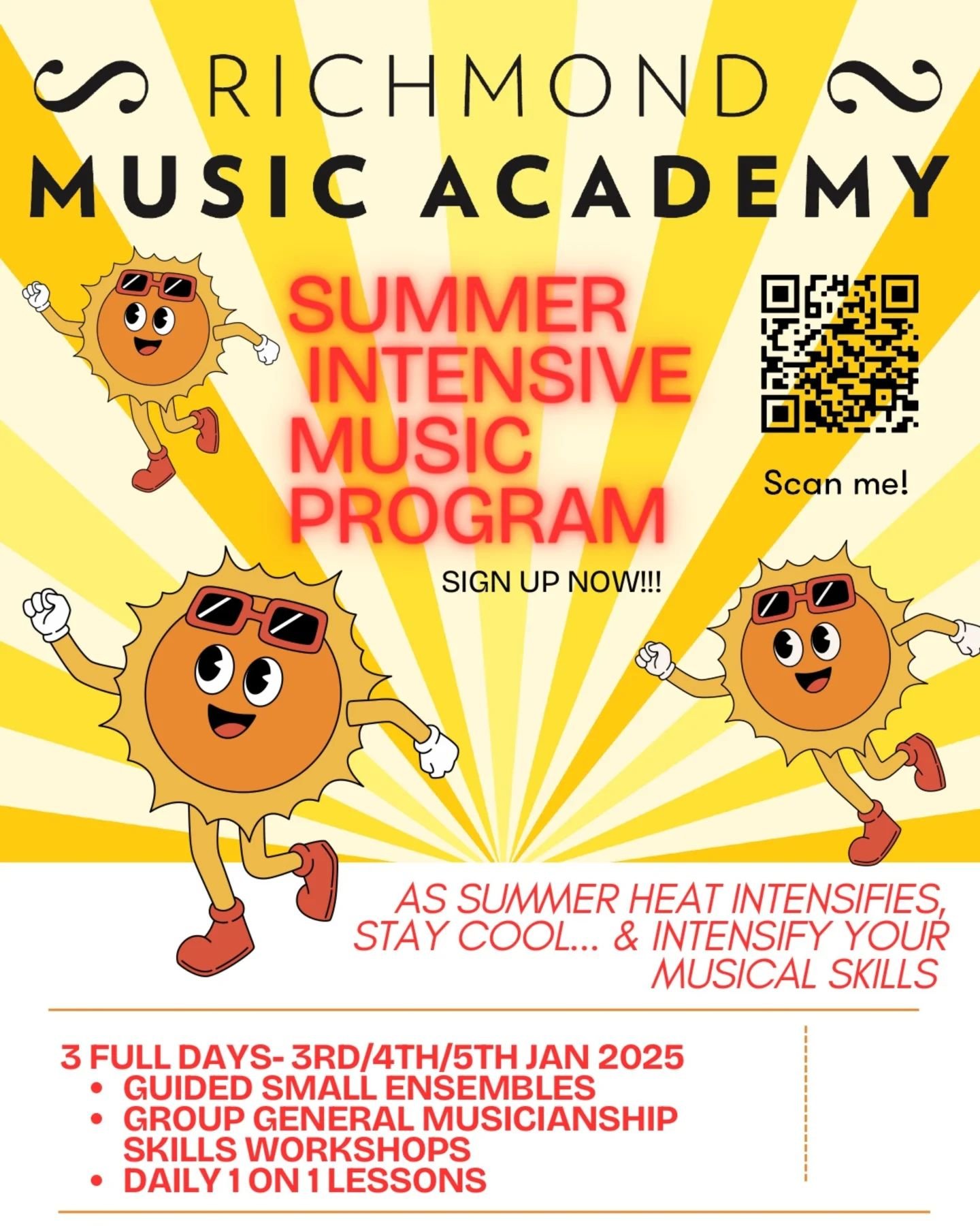 We're delighted to announce our Summer Intensive Music Program running this January 3rd-5th. Each day will entail a musicianship workshop, small ensembles, 1-on-1 lessons, and a large group musical activity all run by our amazing teachers at RMA. Sta