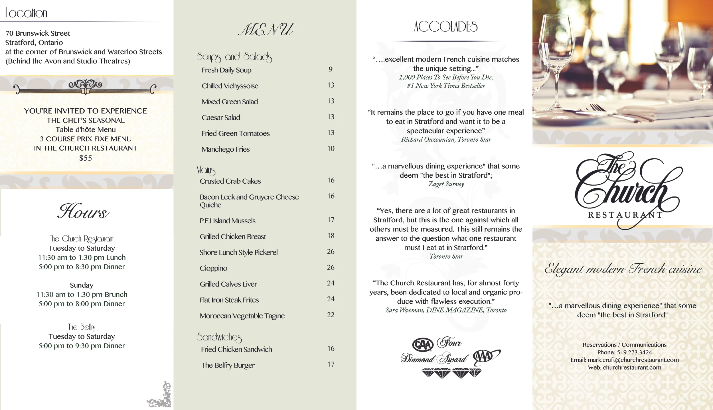  Church restaurant brochure and menu 