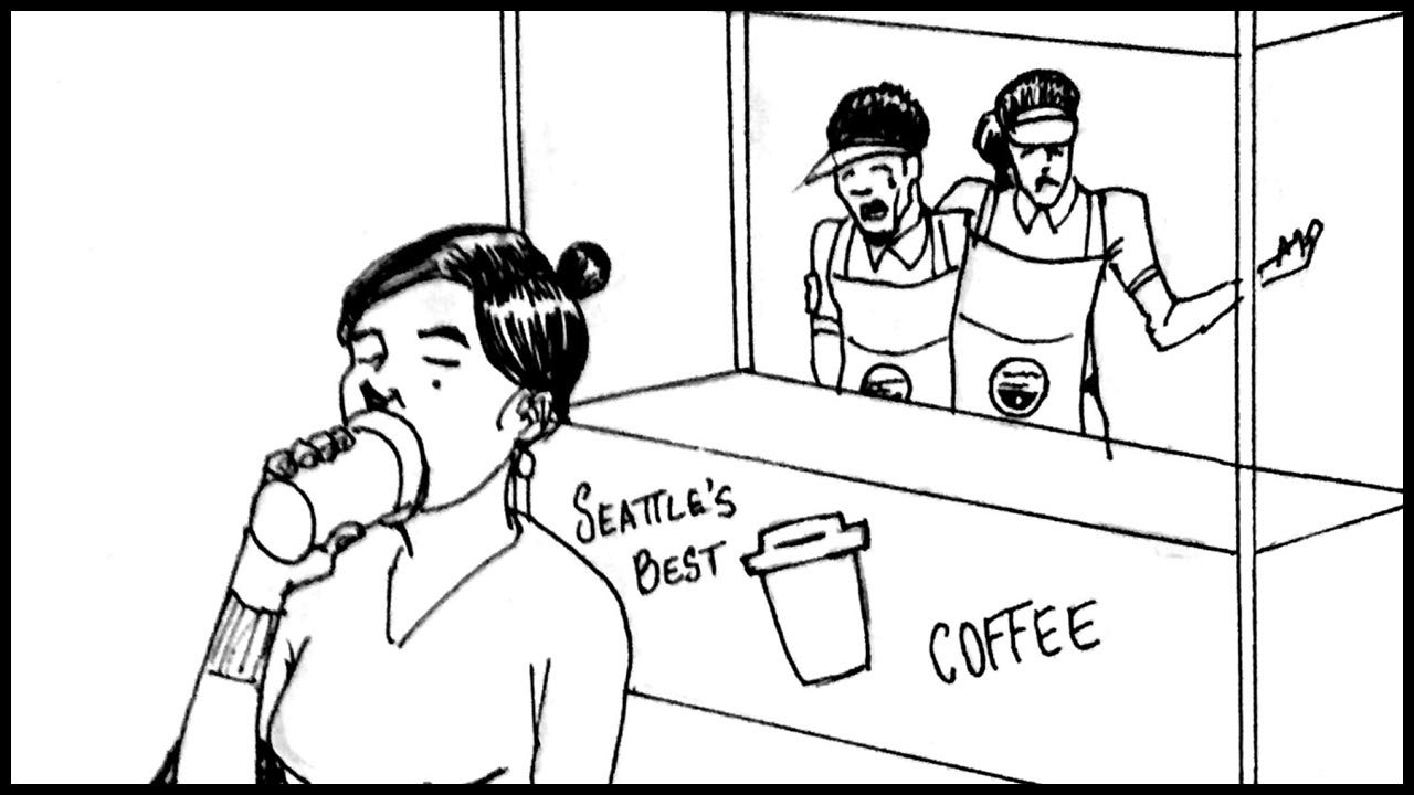    She takes a sip of her coffee and quickly moves on. The workers look at one another and shrug.&nbsp;   