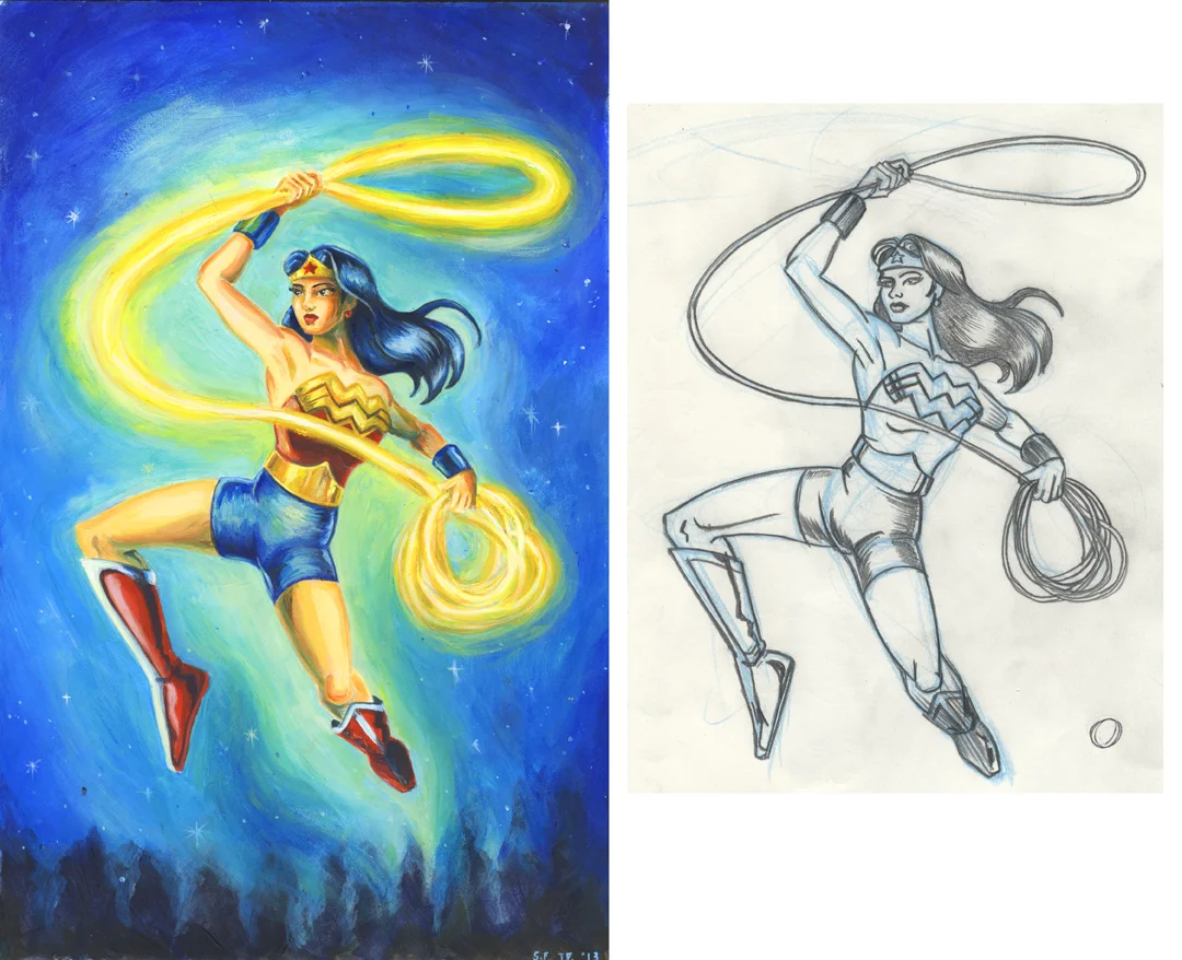 "Wonder Woman" drawing by Tom (graphite ) painting by Sandra Fremgen (acrylics)