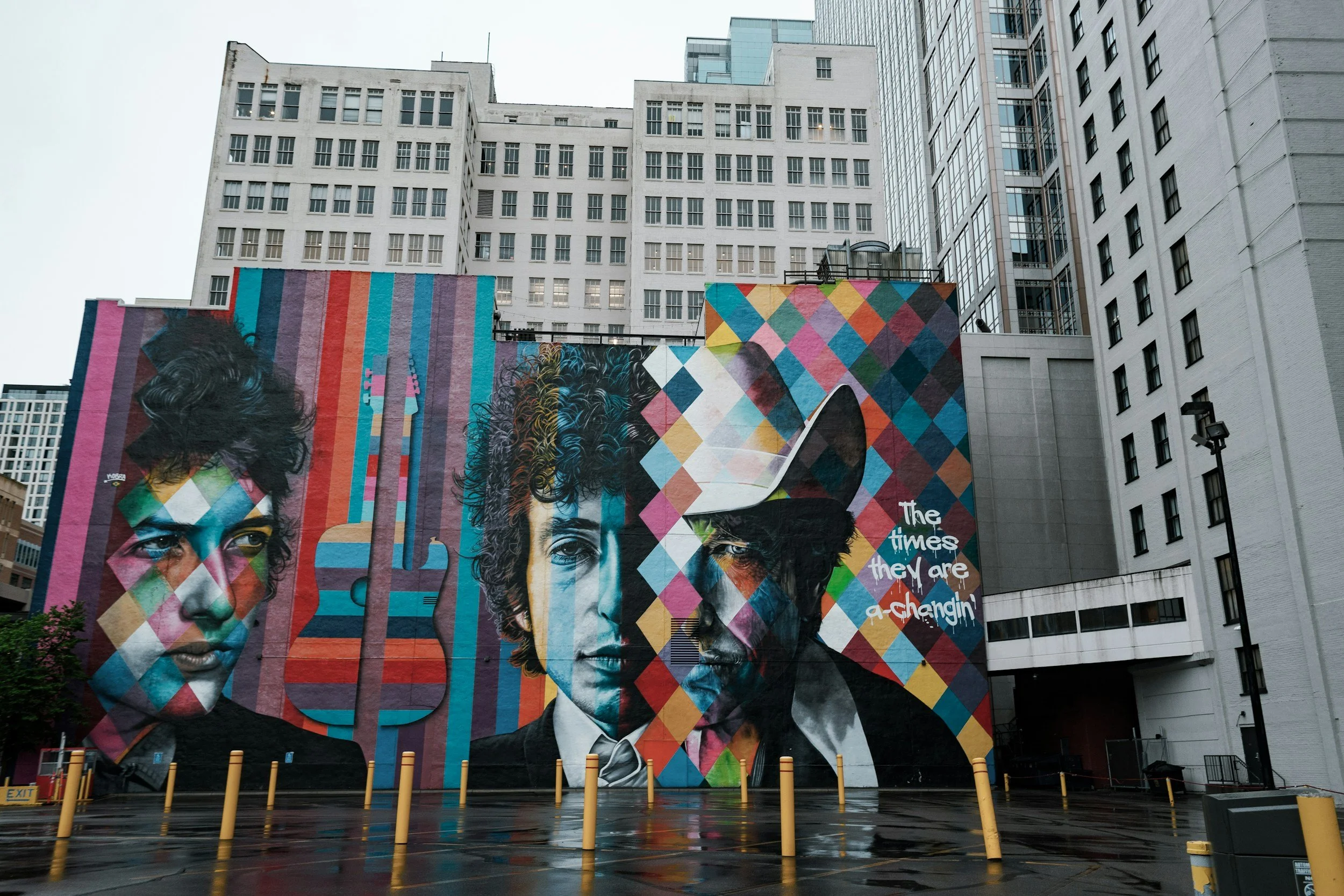 Minneapolis Bob Dylan Mural downtown with the quote, "the times they are a-changin'"
