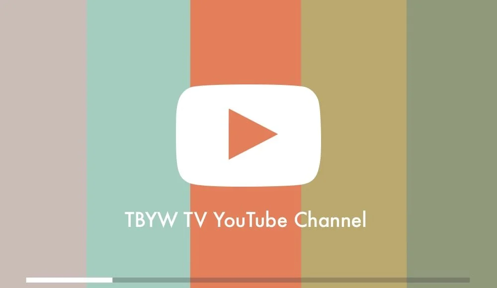 YouTube play button logo with text "TBYW TV YouTube Channel" against a striped background with bright colors.