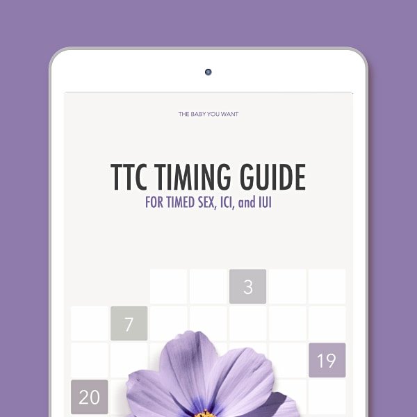 PDF guide cover image that says TTC Timing Guide for Timed Sex, ICI, and IUI, featuring lavender flowers over a calendar grid. 
