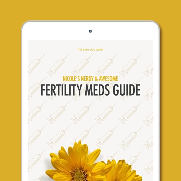 Guide cover image with words Nicole's Nerdy & Awesome Fertility Meds Guide, featuring yellow flowers and light tan medical syringes in a wallpaper pattern behind.