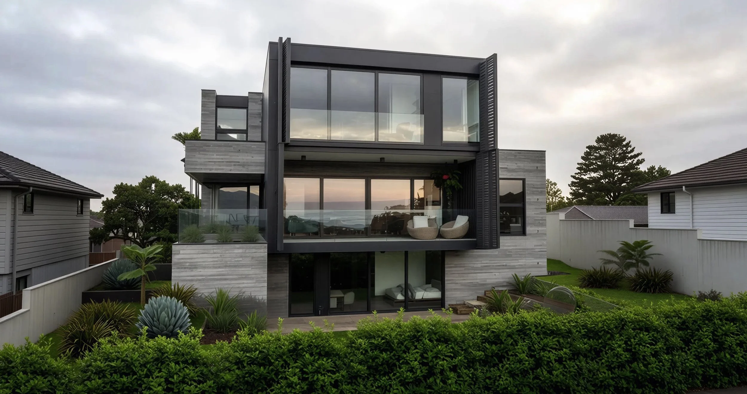 A contemporary suburban family residence with deep set balcony and timber shutters overlooking expansive sea-view.