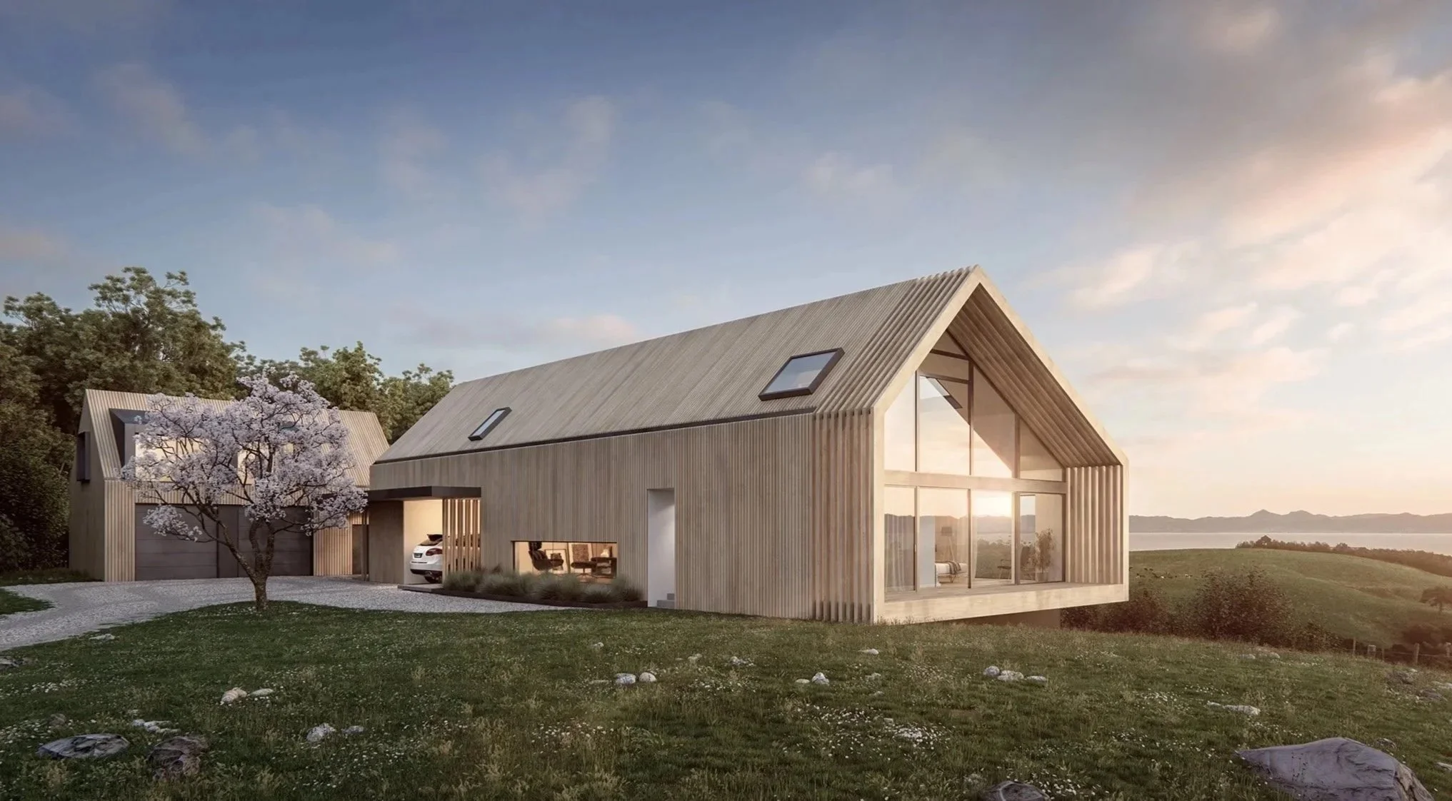 A simple but not ordinary contemporary barn house on a lifestyle property with panoramic sea-view.