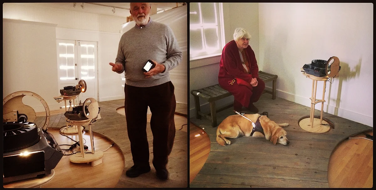 Donlyn Lyndon and Alice Wingwall with Rumba exploring the exhibition .