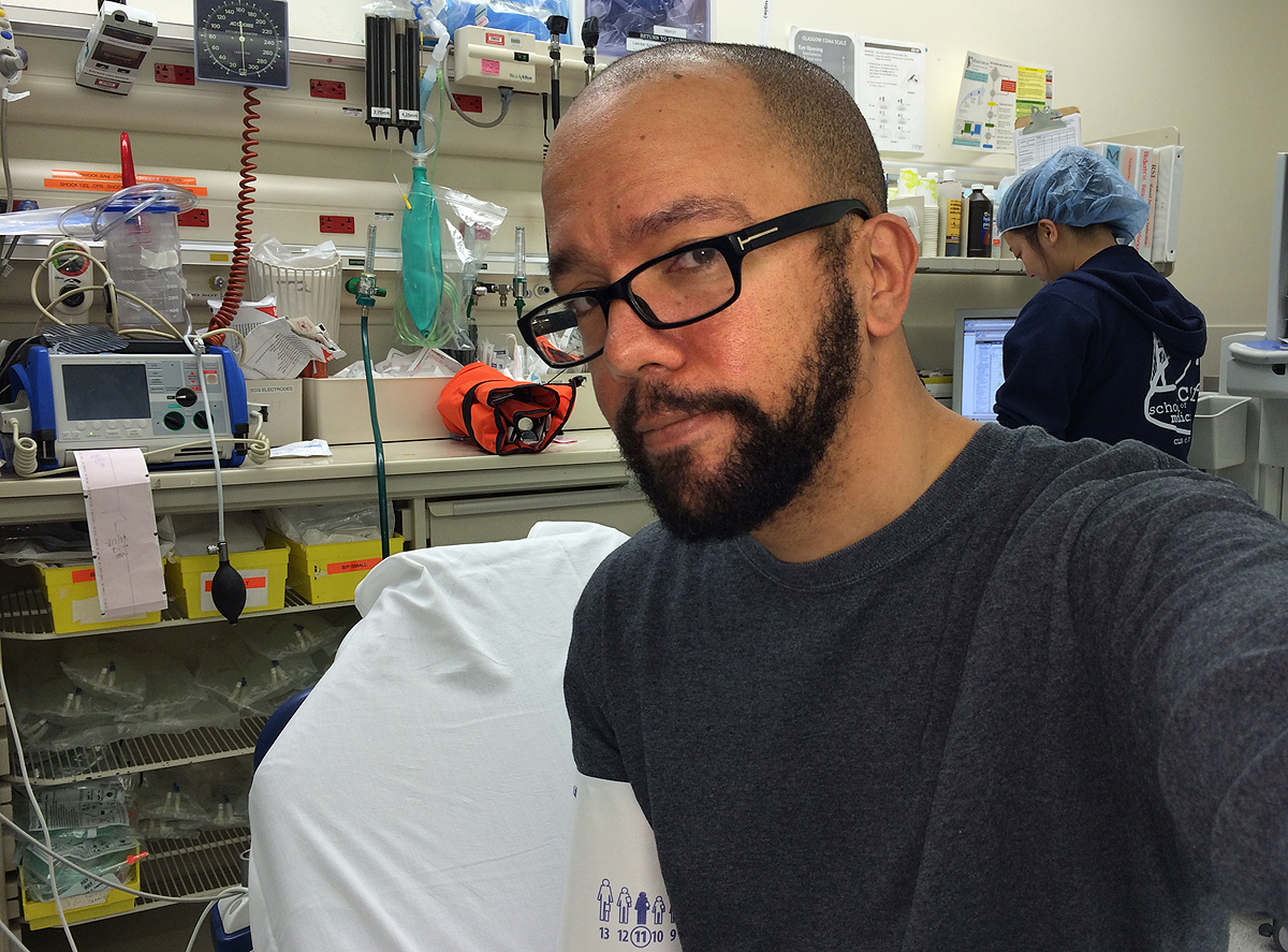 In the trauma unit in the emergency room at SF General Hospital.